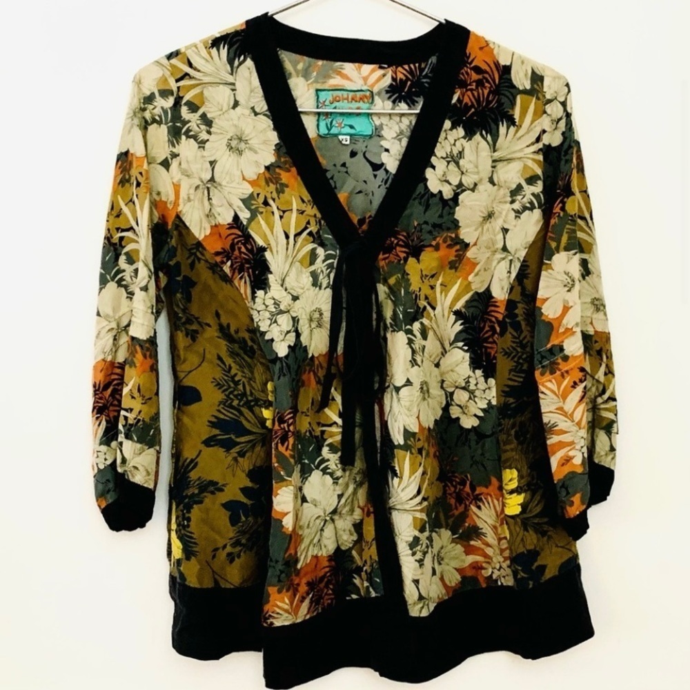 JOHNNY WAS Tropical Print Silk Blouse Bow Detail
